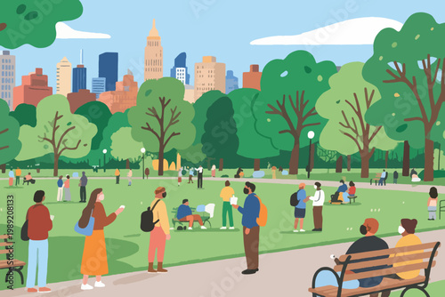 Quadro su tela Cartoon city park with people walking, sitting, talking under tall trees and urban skyline
