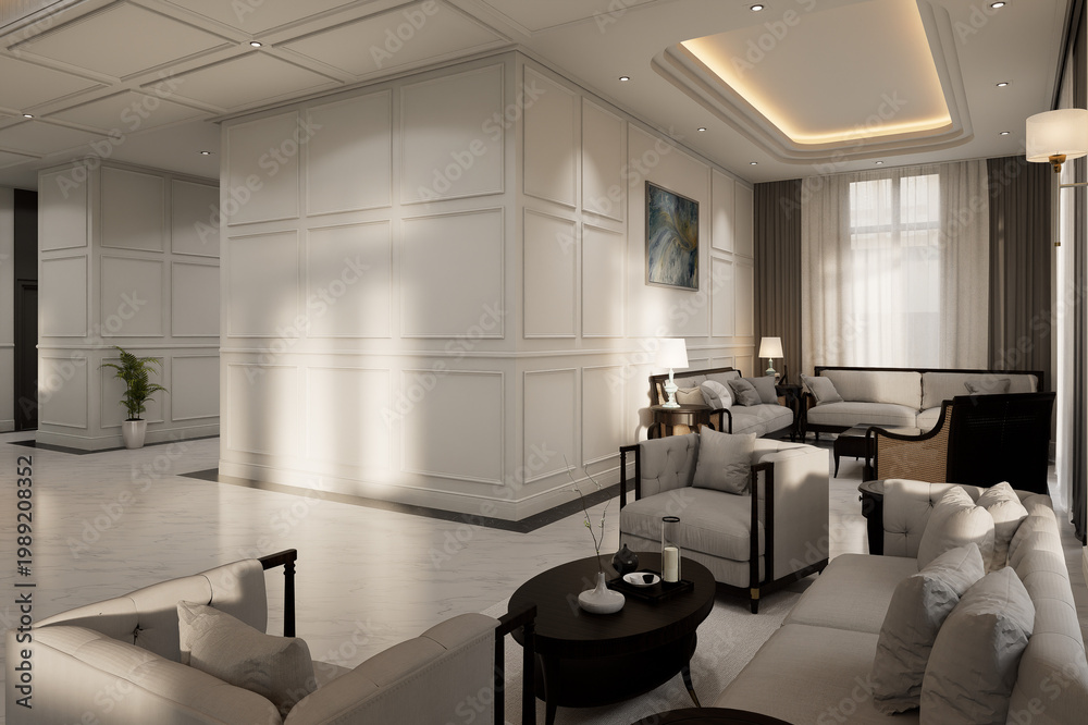Fototapeta premium 3D Rendering interior design Luxurious hotel reception area, white marble flooring, and classic European-inspired decor, creating a refined and welcoming atmosphere.
