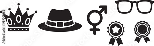 Womens rights vector icons set with crown hat gender symbol and glasses black silhouette. Crown, Hat, Gender Symbol, Glasses & Badge Icons