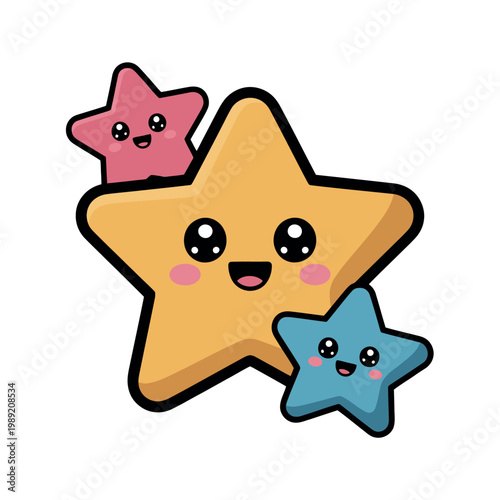 A colorful illustration of three cartoon stars with smiling faces and rosy cheeks on a white background