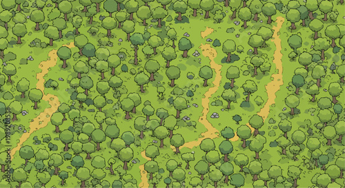 Isometric forest landscape vector, cartoon green woods with winding dirt paths, top down game environment background with stylized trees