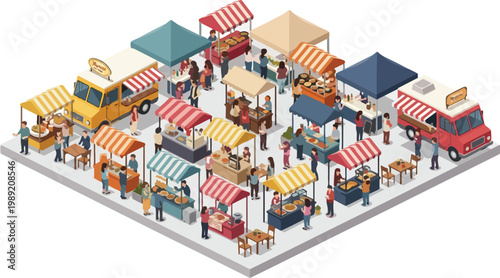 Isometric street food market with colorful stalls and food trucks. Busy outdoor festival with people shopping at market stalls. Flat vector illustration of a city fair.