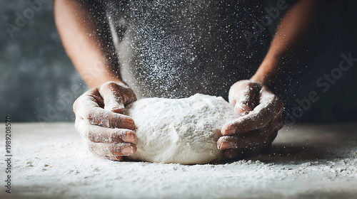 Artisanal bread making: Hands kneading flour dough, creating a culinary masterpiece with flour dust, ideal for bakery promotions.