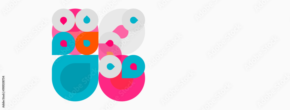 Fototapeta premium Abstract colorful circles overlap, creating playful composition. Bright hues dominate white background. Simple geometric shapes present modern design.