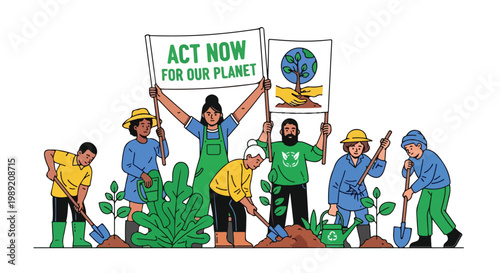 Environmental activists planting trees and holding climate change banners, diverse community volunteers gardening for ecological restoration, flat vector illustration