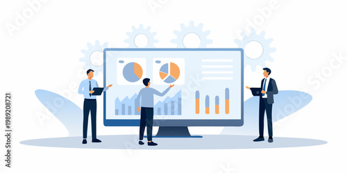 Business professionals analyzing data and charts on a large computer screen