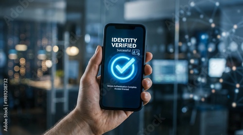 Digital identity verification on a smartphone with a glowing checkmark confirming successful authentication in a modern office environment