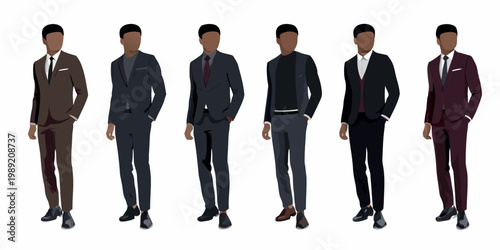 Six silhouetted men in various suit styles and colors pose together