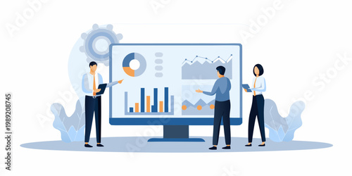Team analyzing data and charts displayed on a large computer screen