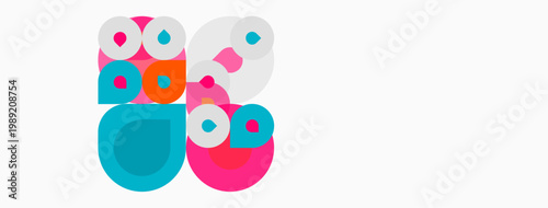 Abstract colorful circles overlap, creating playful composition. Bright hues dominate white background. Simple geometric shapes present modern design.