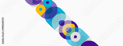 Abstract colorful circles overlap diagonally across white space. Vibrant hues create dynamic visual pattern. Modern design element.