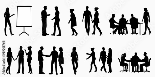Silhouettes of business people interacting in meeting and conversation settings