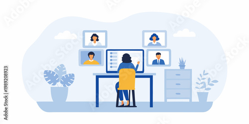 Woman participates in a virtual meeting with colleagues on a laptop