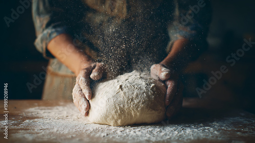 Artisanal bread making: Hands kneading flour dough, creating a culinary masterpiece with flour dust, ideal for bakery promotions.