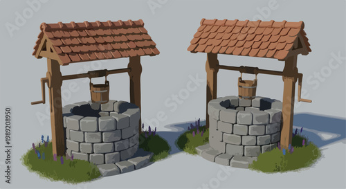 Medieval stone wishing well with wooden bucket and tiled roof, isometric 3D game asset, rustic village water well on grass patch for fantasy RPG