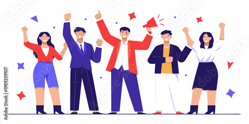 Diverse team celebrates success with raised arms and a megaphone