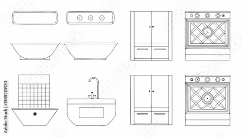 Line drawing of bathroom fixtures including sinks tubs and cabinets