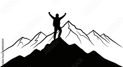 Man standing on mountain peak triumphantly.