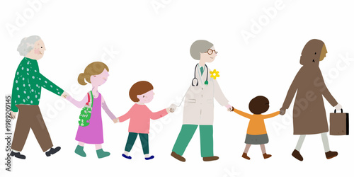 A diverse group of people including a doctor hold hands in a line