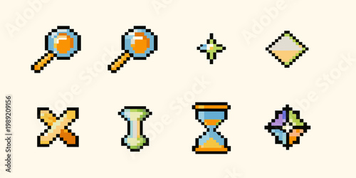 Pixel art icons depicting various magical objects and timepieces