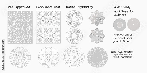 Collection of grayscale geometric patterns and text regarding compliance workflows