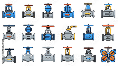 Industrial Valve Vector Icon Set: Gate Valves, Ball Valves, and Steam System Components, Colorful Flat Design for Piping and Engineering Graphics