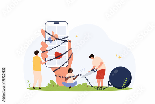Concept of digital detox and smartphone addiction: people using a saw to cut chains binding them to a giant mobile phone and a heavy ball, symbolizing freedom from social media.