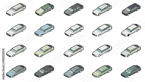 Isometric illustration displaying a collection of various car models