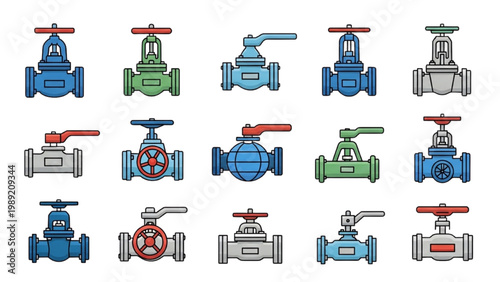 Industrial Valve Vector Icon Set: Gate Valves, Ball Valves, and Steam System Components, Colorful Flat Design for Piping and Engineering Graphics