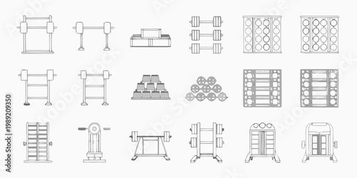 Line drawing depicting various gym equipment for weight training