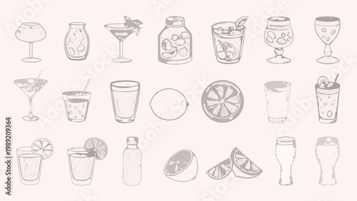 Collection of hand drawn cocktail glasses citrus slices and beverage containers