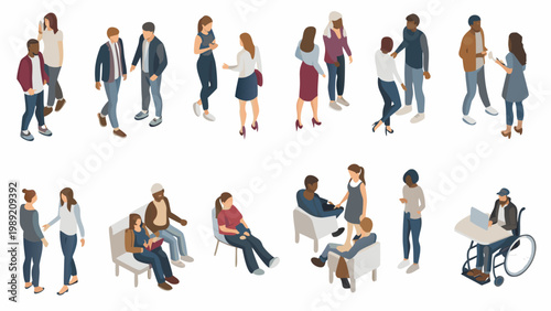 Diverse group of people interacting in various social and work settings