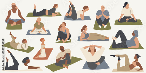 Diverse group of people practicing various yoga poses and mindfulness exercises
