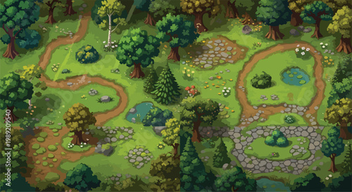 Isometric forest game map, fantasy RPG woodland environment with dirt paths and ponds, top-down pixel art style nature landscape vector