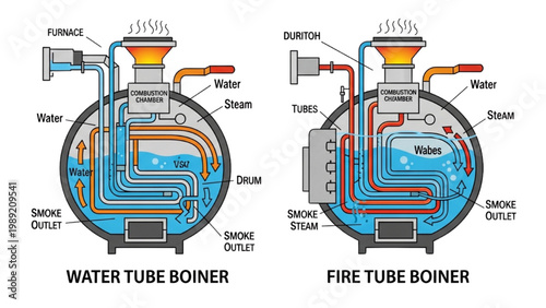 Water Tube and Fire Tube Boiler Vector Icon Set: Industrial Steam Generator Diagrams, Conceptual Thermal Engineering Graphics in Flat Technical Style