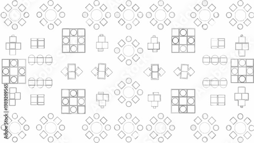 Abstract arrangement of geometric shapes in grayscale resembling a blueprint