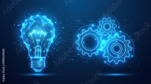 Holographic light bulb and gears representing artificial intelligence and innovation