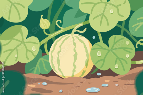 Cartoon watermelon plant with striped young fruit, broad green leaves, soil, and water droplets.