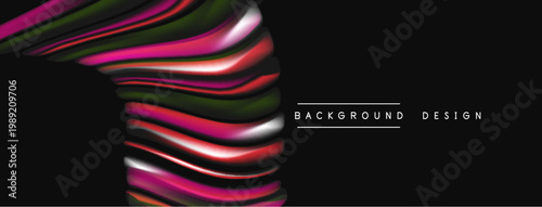 Abstract layers create dynamic vortex. Pink, green, black hues blend, forming modern background design element. Minimalist text adds clarity.