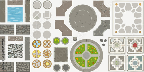 Collection of stylized game tiles for building environments and landscapes