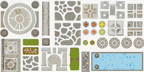 Overhead view of various stone and tile patterns game assets