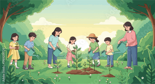 Eco friendly community saving planet earth, diverse people planting trees and using renewable energy, global environmental protection vector