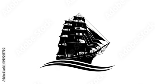 Black Sailing Ship on Water.