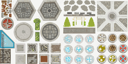 Collection of various top down game assets including tiles and decorative elements