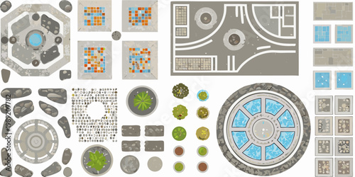 Collection of various stylized geometric game assets and dungeon elements