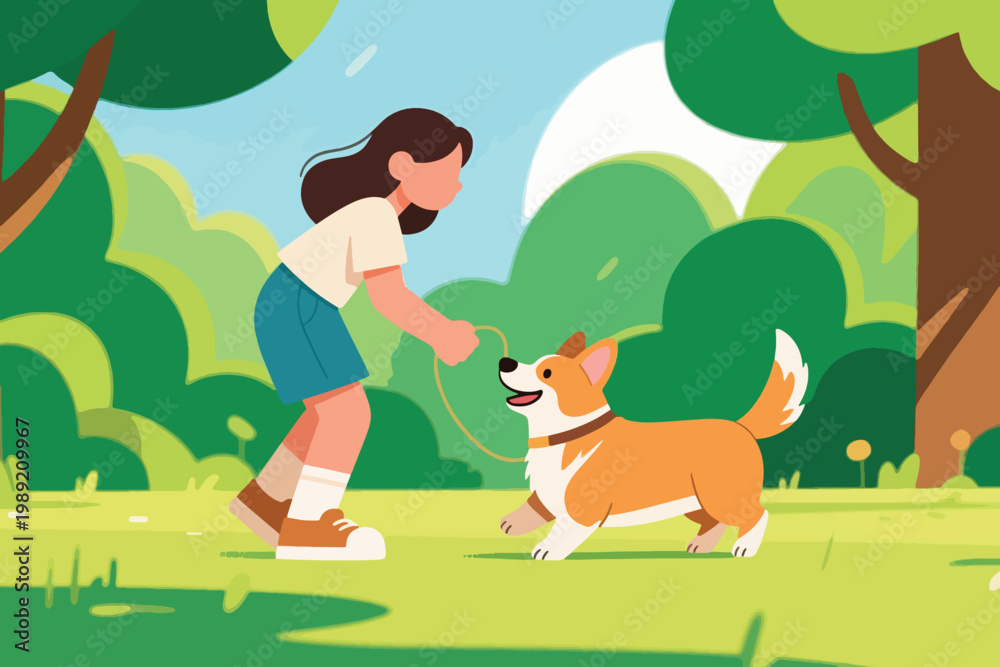 Fototapeta premium Cartoon person playing with corgi dog in park with grass, trees, and bright blue sky.
