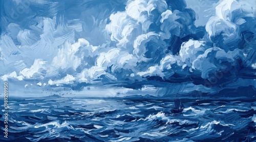 Impressionist oil painting of stormy blue ocean waves under cloudy sky