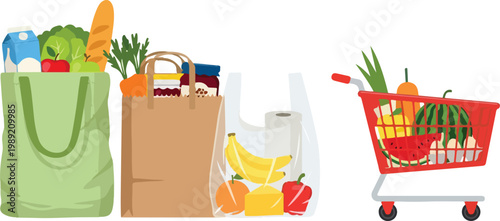 Grocery shopping bags and red supermarket cart vector, flat illustration of fresh organic food products and produce, eco friendly reusable tote and paper bags with fruit
