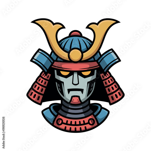 A cartoon samurai warrior wearing a blue and red helmet with a yellow crest on a white background