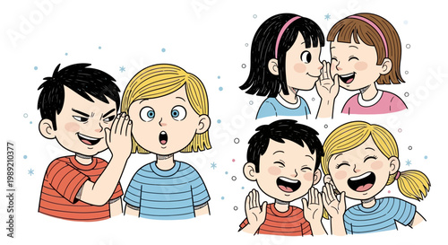 Children sharing a secret whispering quietly.